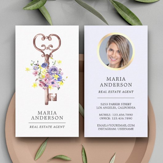 パープル フローラル ヴィンテージ キー 不動産エージェントの写真 名刺