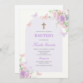 パープル フローラル 洗礼 スペイン語 招待状 (正面/裏面)