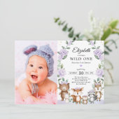 パープル・フローラ・ウッドランド・ワイルド・ワン・バースデー・パーティー 招待状 (スタンド正面)