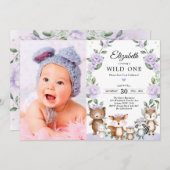 パープル・フローラ・ウッドランド・ワイルド・ワン・バースデー・パーティー 招待状 (正面/裏面)
