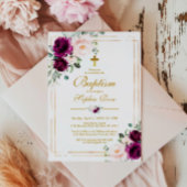 パープル＆ブッシュピンクのローズフラワーの女の子の洗礼 招待状