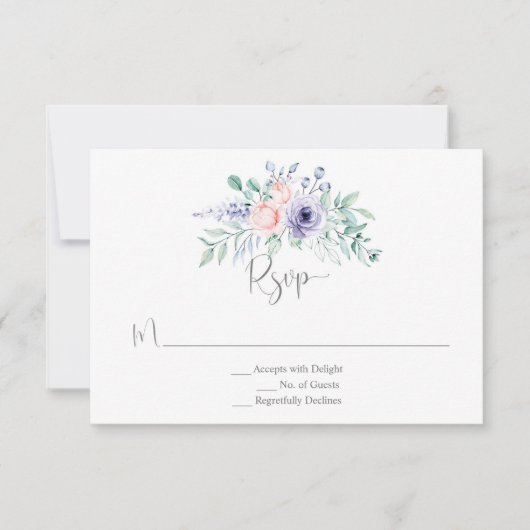 パープル＆ブッシュピンクの水彩ローズ 出欠カード (正面)