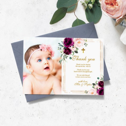 パープル＆ブッシュ ローズ フォト 洗礼 感謝カード 招待状