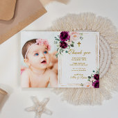 パープル＆ブッシュ ローズ フォト 洗礼 感謝カード 招待状