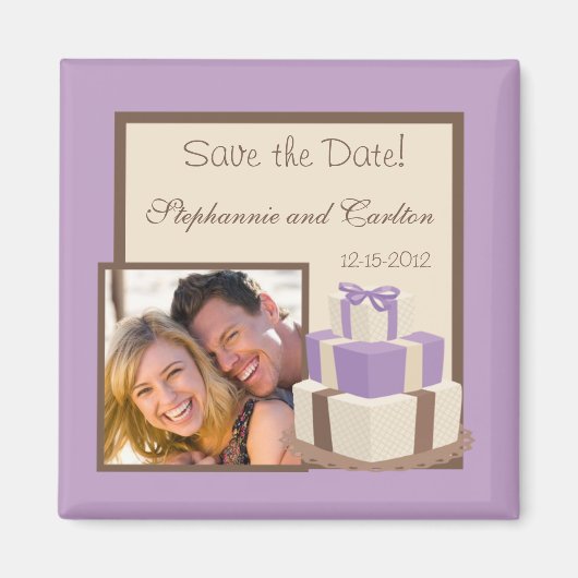 パープル/ブラウン結婚のケーキ発表磁石 マグネット (正面)