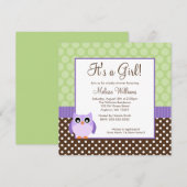 パープル ブラウン グリーン フクロウ ポルカドット 女の子 ベビーシャワー 招待状 (正面/裏面)