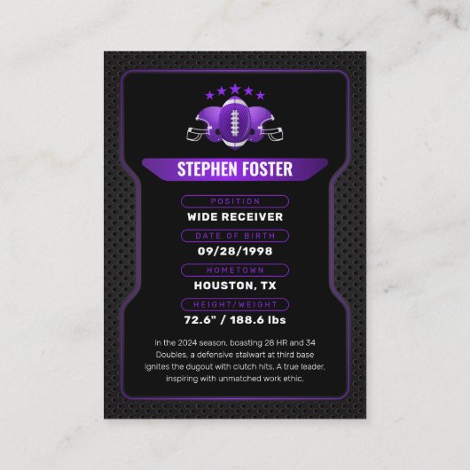 パープル＆ブラックのサッカートレーディングカード選手写真 コーリングカード (裏面)