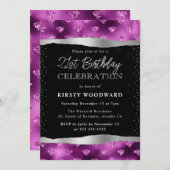 パープル&ブラックグリッターダイヤモンド21歳の誕生日 招待状 (正面/裏面)