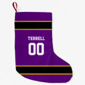 パープル&ブラックサッカーチームパーソナライズされた スモールクリスマスストッキング (正面)