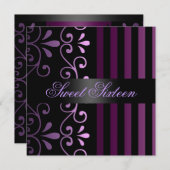 パープル/ブラックストライプ&スワールスウィート16招待状 招待状 (正面/裏面)