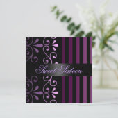パープル/ブラックストライプ&スワールスウィート16招待状 招待状 (スタンド正面)