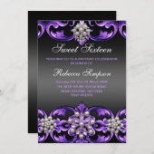 パープル/ブラックダマスク&パールスウィート16招待状 招待状 (正面/裏面)