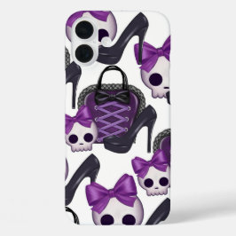 パープル&ブラックハロウィーンハイヒール財布&スカル iPhone 16 PLUSケース