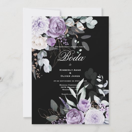 パープル&ブラックフローラスペインの結婚式招待状 招待状 (正面)