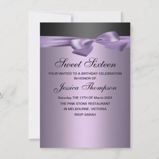 パープル&ブラックボウスウィート16誕生日招待状 招待状 (正面)