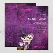 パープル ブラック ゴシック スケルトン ハロウィン ウェディング 招待状 (正面/裏面)