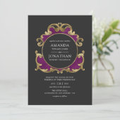 パープル、ブラック、ゴールドのゴシックウェディング招待状 招待状 (スタンド正面)