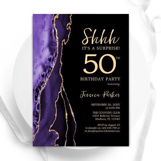 パープル ブラック ゴールド アゲート サプライズ 50歳の誕生日 招待状