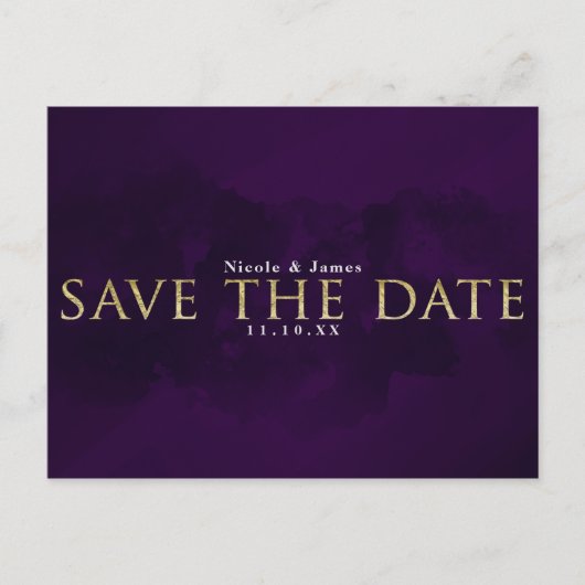 パープル ブラック＆ゴールド グラム モダン セーブ・ザ・デート 案内ポストカード (正面)