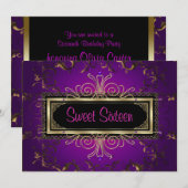 パープル ブラック ゴールド スウィート シックスティーン 誕生日パーティー 招待状 (正面/裏面)
