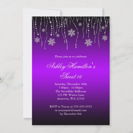 パープル ブラック スノーフレーク スイート16 ウィンター ワンダーランド 招待状 (正面)