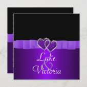 パープル & ブラック ダイヤモンド ロッキングハーツ ウェディング 招待状 (正面/裏面)