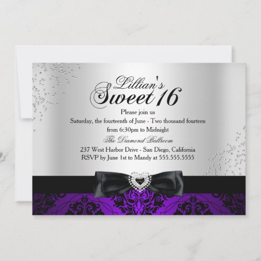 パープル ブラック ダマスク スパークル Sweet 16 招待状 (正面)