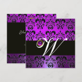 パープル ブラック ダマスク モノグラム アメシスト シルバー メタル 招待状 (正面/裏面)