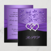 パープル ブラック フローラル ハートのつながったRSVPカード 出欠カード (正面/裏面)