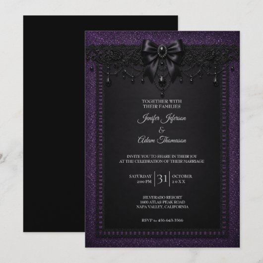 パープル ブラック レース 結婚式 招待状 (正面/裏面)