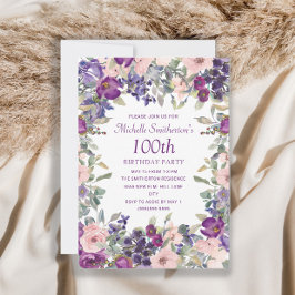 パープル+ブラッシュピンクの花と葉の100歳の誕生日 招待状