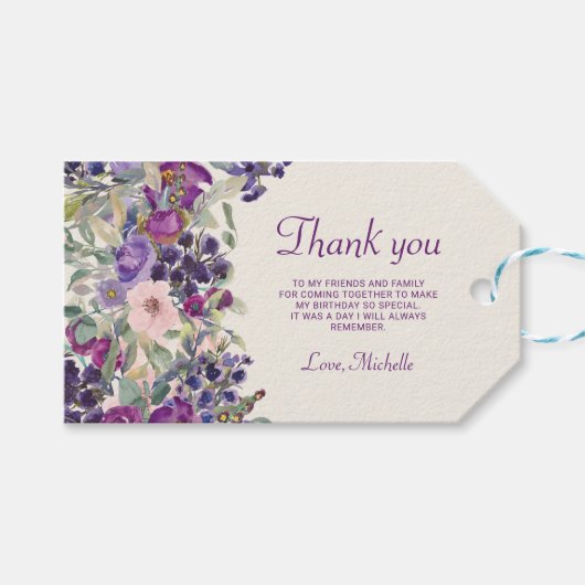 パープル ブラッシュ ピンク フローラル フォリアージ 誕生日 ギフトタグ (正面(横))