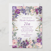 パープル ブラッシュ ピンク フローラル フォリアージ 21歳の誕生日 招待状 (正面)