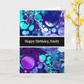 パープル、ブルーおよびティール(緑がかった色)抽象芸術大理石誕生日 カード (黄色い花)