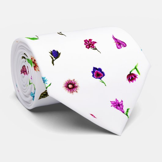 パープル&ブルーフラワープリント、モダンフローラプリント ネクタイ (ロール)