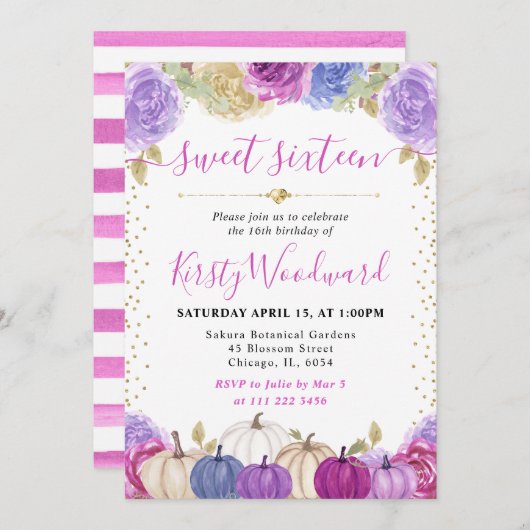 パープル&ブルーフローラカボチャ秋スウィート16 招待状 (正面/裏面)