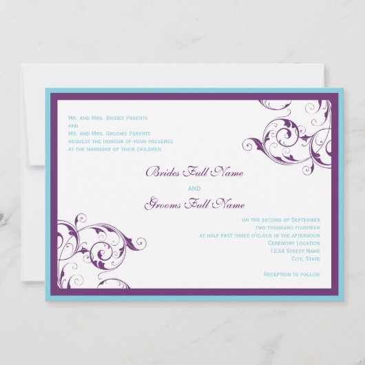 パープル&ブルーフローリッシュ結婚式招待状 招待状 (正面)