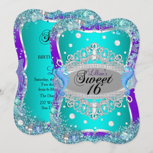 パープル ブルー アンダーザシー ティアラ スウィート16 招待状 (正面/裏面)