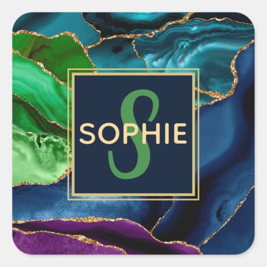 パープル、ブルー、グリーンフェイク金ゴールドグリッターアゲート スクエアシール (正面)