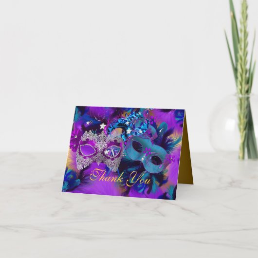 パープル ブルー & ゴールド マスク マスカレード お礼カード サンキューカード (正面)