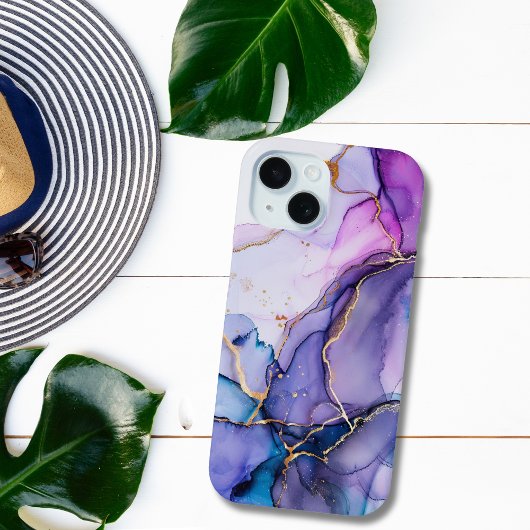 パープル ブルー ゴールド 水彩 マーブル アルコールインク Case-Mate iPhoneケース