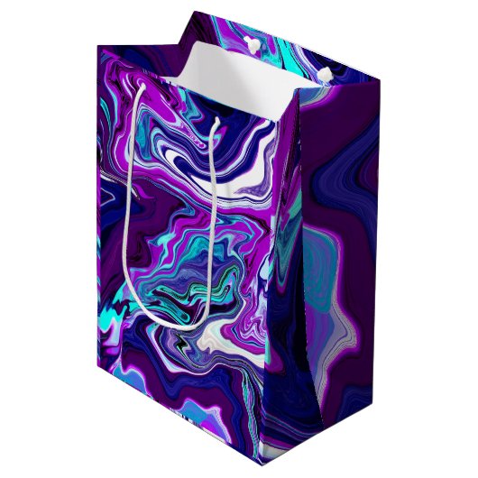 パープル、ブルー、ティール（緑がかった色）抽象芸術大理石アート ミディアムペーパーバッグ (正面アングル)