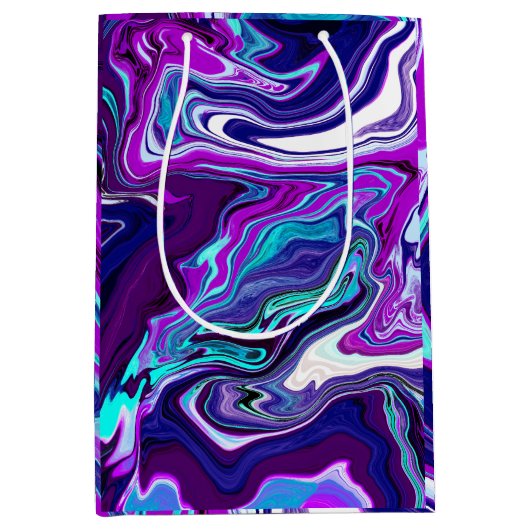 パープル、ブルー、ティール（緑がかった色）抽象芸術大理石アート ミディアムペーパーバッグ (正面)