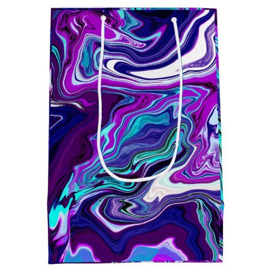 パープル、ブルー、ティール（緑がかった色）抽象芸術大理石アート ミディアムペーパーバッグ (裏面)