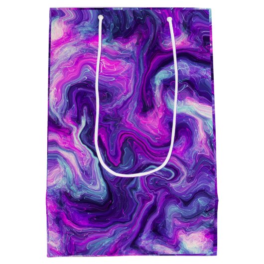 パープル、ブルー、ピンクの大理石の流体アート誕生日 ミディアムペーパーバッグ (裏面)
