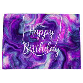 パープル、ブルー、ピンクの大理石の流体アート誕生日 ラージペーパーバッグ