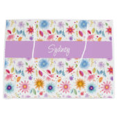 パープル ブルー ピンク ボヘミア ワイルドフラワー オーダーメイド ラージペーパーバッグ (正面)