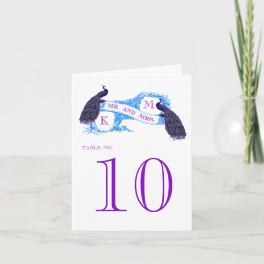 パープル・ブルー・ピーコック・ビンテージ・ウエディング・テーブル・カード シーズンカード (正面)