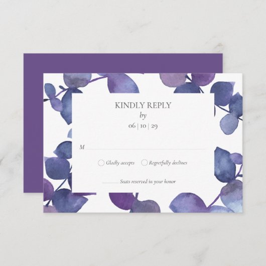 パープル ブルー ユーカリの葉 フラワーの出欠確認 出欠カード (正面/裏面)