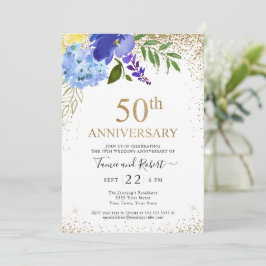 パープル ブルー 花模様 ゴールド 50周年 結婚記念日 招待状